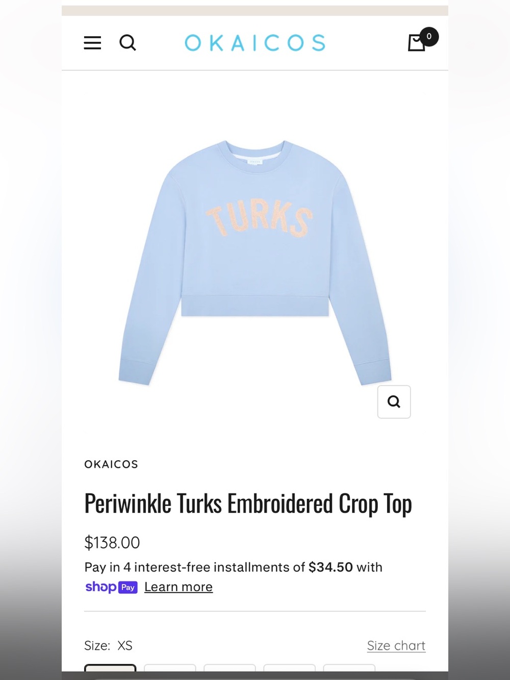 OKAICOS Periwinkle Turks Embroidered Crop Top Size Small